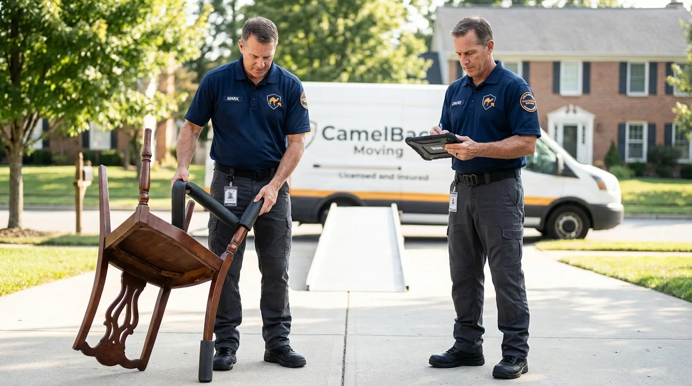 Movers inspecting furniture for damage prevention before loading in Live Oak, FL